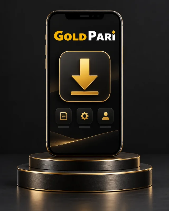 Gold Pari app download illustration with a branded phone and download arrow