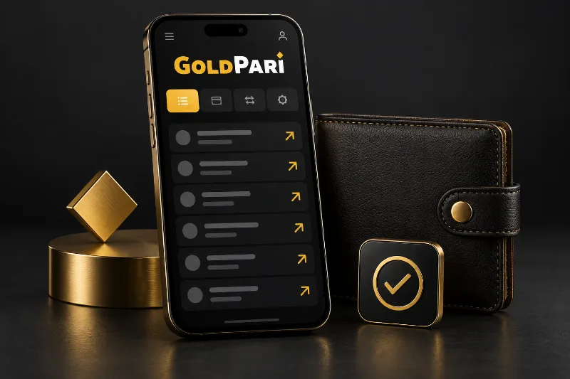 Gold Pari app withdrawal concept with a wallet and outgoing transaction arrow