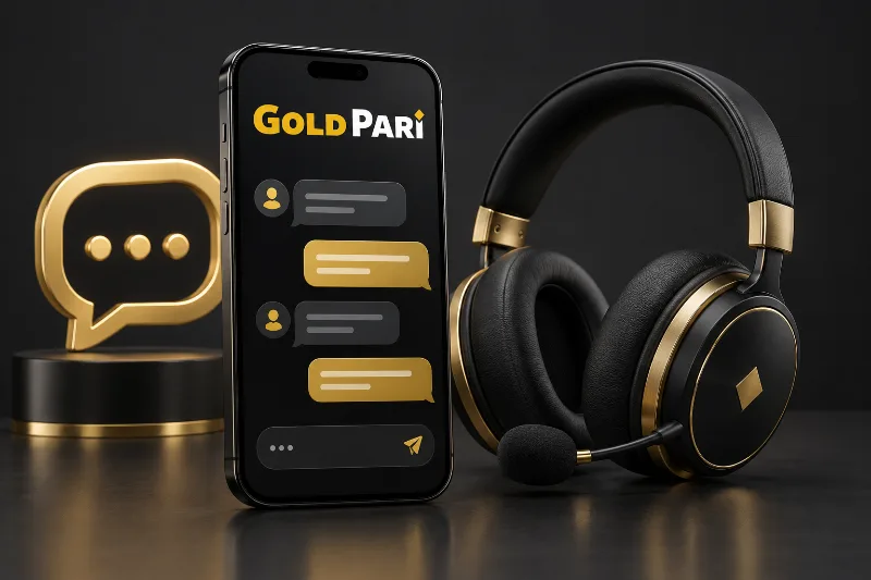 Gold Pari app support illustration with a headset and mobile chat